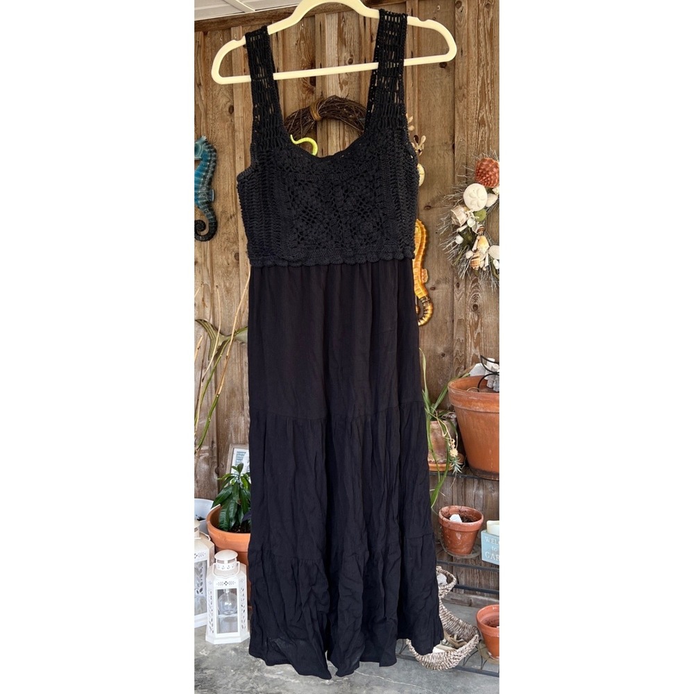 Blush Black Crochet Bodice Tiered Maxi Dress‎ Womens Medium Boho Smocked Back